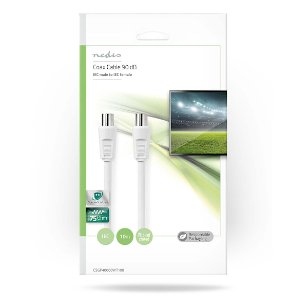 Koaxialkabel | IEC (Koax) Hane | IEC (Koax) Hane | Nickelplaterad | 90 dB | 75 Ohm | Dubbelskärmad | 10.0 m | Rund | PVC | Vit | Kuvert