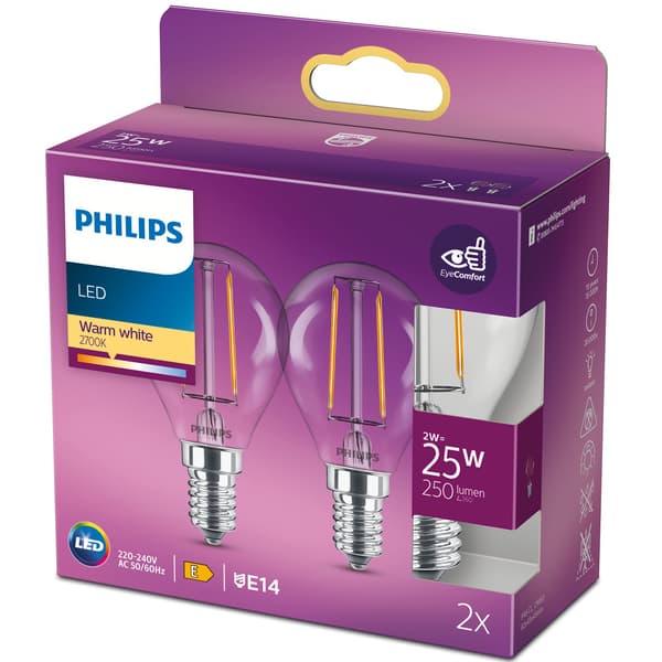 2 kpl LED E14 Globe 2W (25W) Kirkas 250lm