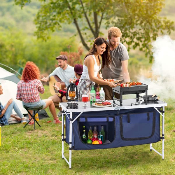 Campingköksbord – Hopfällbart, 3 höjder, förvaring, blått