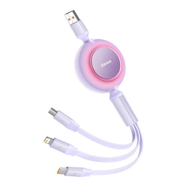 Udtrækkeligt kabel 3i1 USB microUSB + Iphone Lightning + USB-C 66W 1,1m lilla