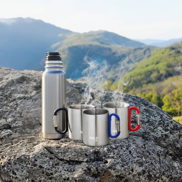 Camping kop, karabinhage, 300 ml rustfrit stål, blå