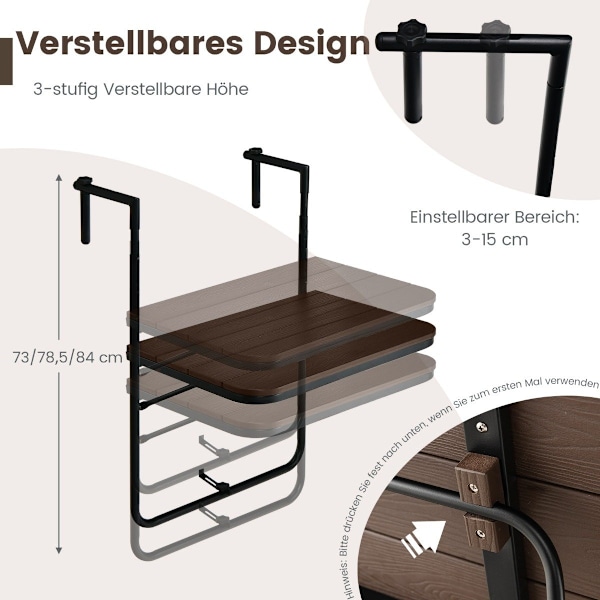 Balkonbord til ophæng med 3-niveaus justerbart højde foldbart gelænderbord kaffe