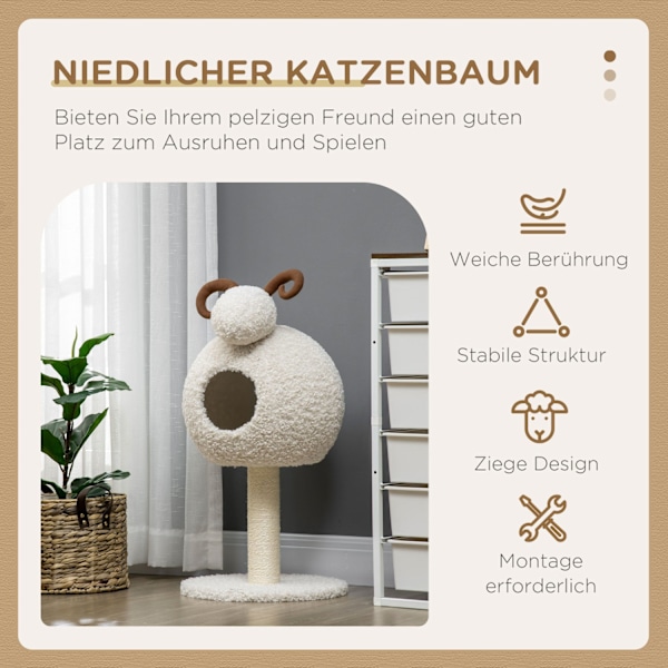 Skrapstolpe, Kattträd Med Kattgrotta, Kattskrapstolpe I Getdesign, Klätterträd Med Sisalrepstolpar, Kattmöbler, Gräddvit, 80 Cm