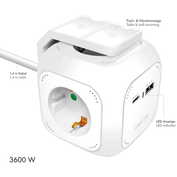 Power Cube Multi-branch-stik + USB-A/USB-C PD 20W