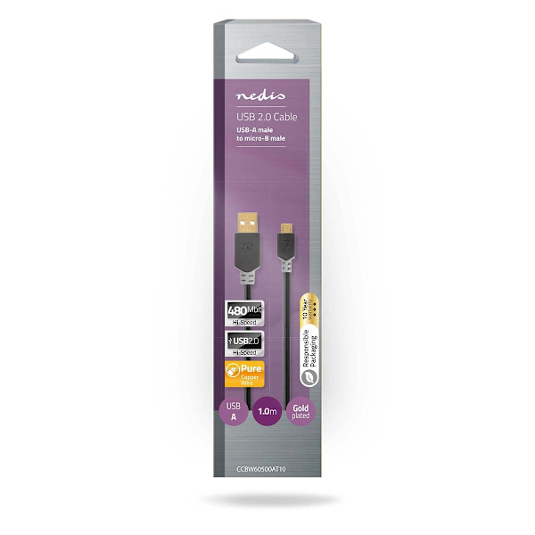 USB-kabel | USB 2.0 | USB-A Hane | USB Micro-B Hane | 480 Mbps | Guldplaterad | 1.00 m | Rund | PVC | Antracit | Låda