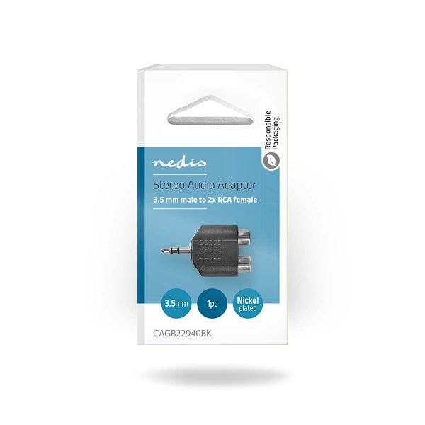 Stereo Audio Adapter | 3.5 mm Hanstik | 2x RCA Hun | Nikkelplateret | Lige | ABS | Sort | 1 stk. | Box