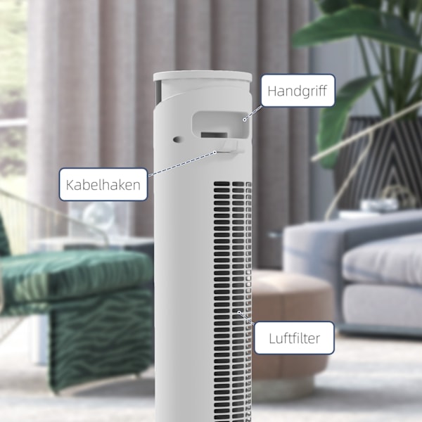 Tårnventilator, piedestalventilator med 3 ventilationsniveauer, fjernbetjening, 45W ventilator med 12H timer, 70° svingning, til soveværelse, hvid