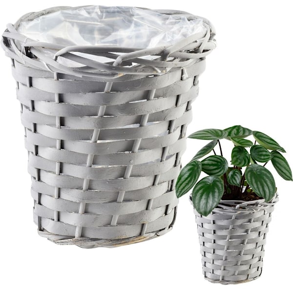 Flettet kurvepotte i grå rattan med plastik indeni