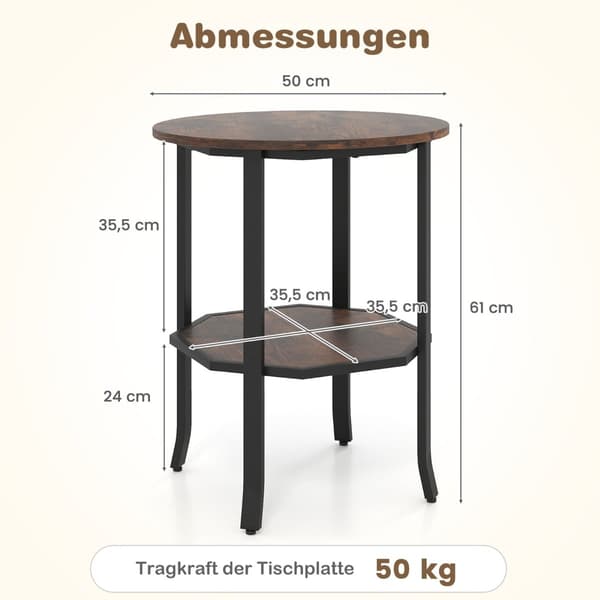 Rundt sidebord med 2 niveauer og hylde, rustik brun