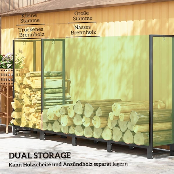 Vedställ 240 x 32 x 115 cm vedställ med två sektioner, tre krokar, vedställ för utomhus, inomhus, upp till 300 kg, stål, svart