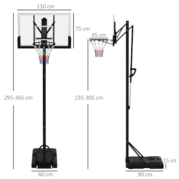 Basketkorg höjdjusterbar 295-365 cm med stativ och hjul, basketsystem för utomhusbruk, robust stål
