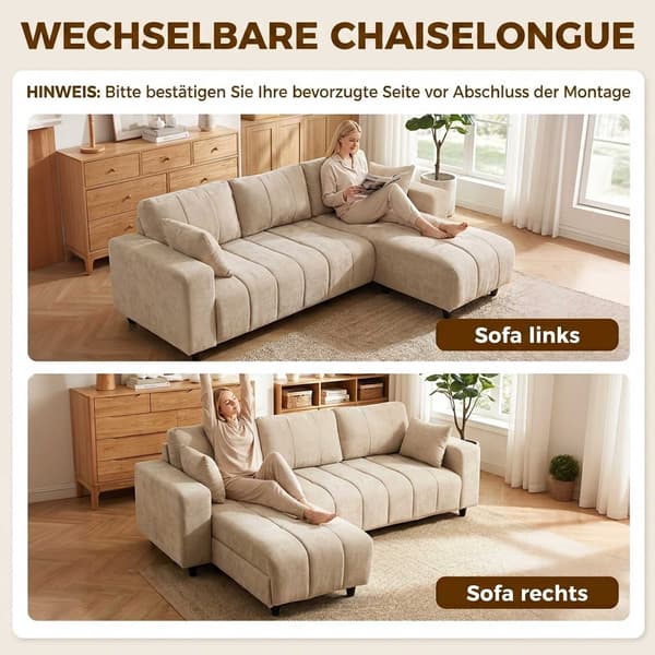 L-formad beige soffa med vändbar schäslong, 4-sits