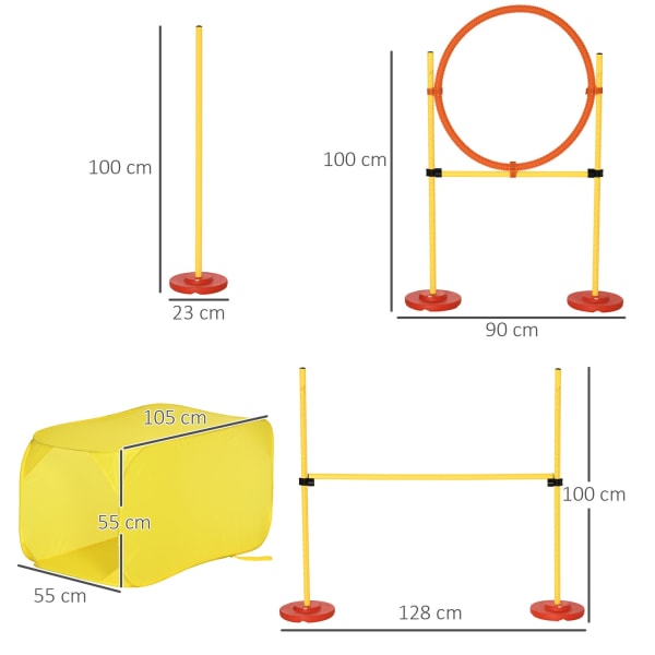 Dog Agility Hæksæt, Hundetræningssæt, Forhindringsbane, Plastik, Polyester, Gul, 128 X 23 X 9-100 Cm