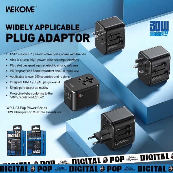 WEKOME WP-U03 Pop Digital Series - EU / UK / US / AU Oplader / Rejseadapter + 3x USB-C & 2x USB-A 30W (sort)