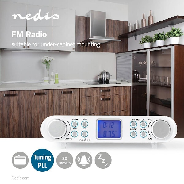 Kitchen Radio | Skåpdesign | FM | Strömadapter | Digital | 1.5 W | 2 " | Svart Blå Skärm | Väckarklocka | Silver / Vit