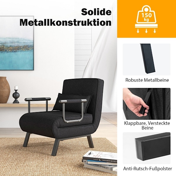 Fåtöljssäng med sängfunktion, hopfällbar soffa, bäddsoffa med justerbart ryggstöd och avtagbar dyna, svart