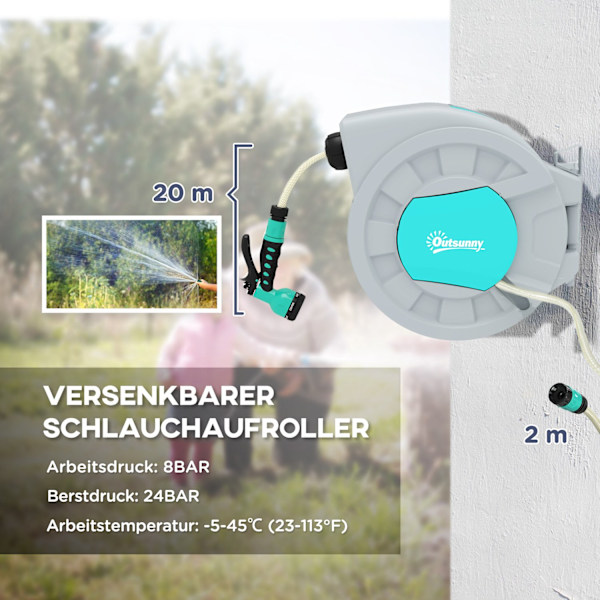 Letkukela puutarhaletkulla 20m, 180° kääntyvä letkulaatikko, letkukela seinäasennukseen, vesiletkukela automaattisella kelauksella, 7-toimintoinen käs