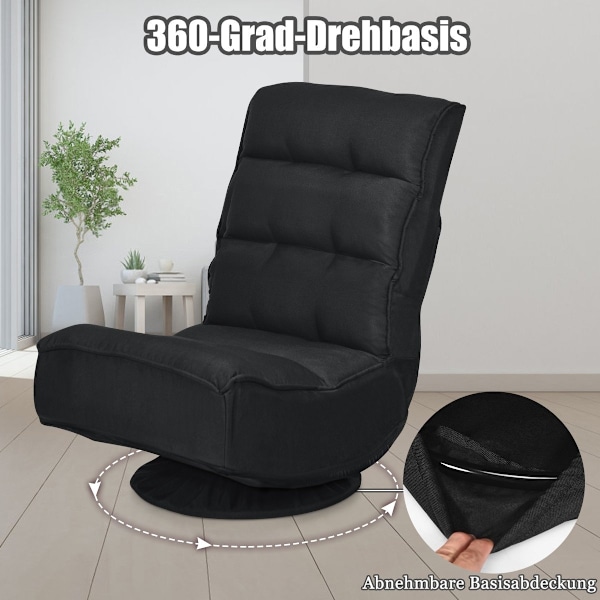 Afslapningsstol, justerbar, klapstol, drejelig gulvstol, sofastol, gulvpude, sort