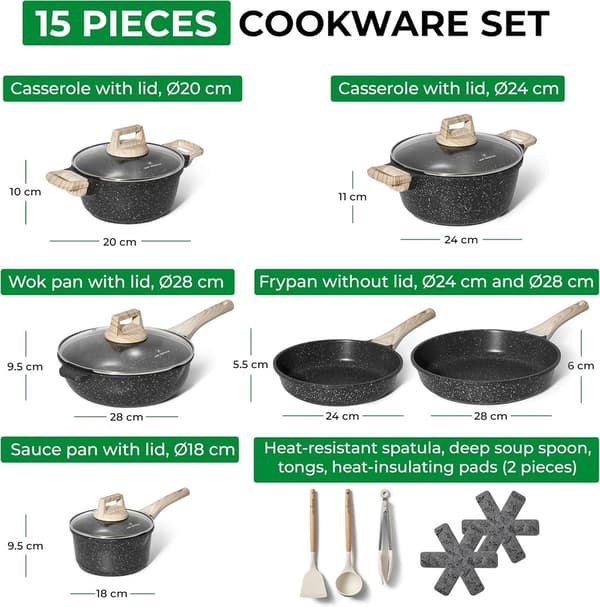 15-delt Granite Non-stick køkkengrejsæt – Sort