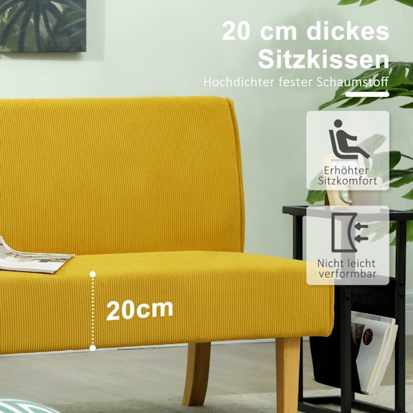 2 pers. sofa, sofa med fløjlslook, træben, polstret sofa, dobbeltsofa til soveværelse, stue, 110 x 62 x 85 cm, gul