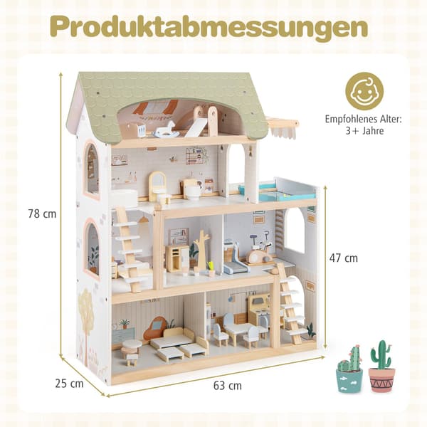 Trædukkehus med 33 møbler, balkon og pool