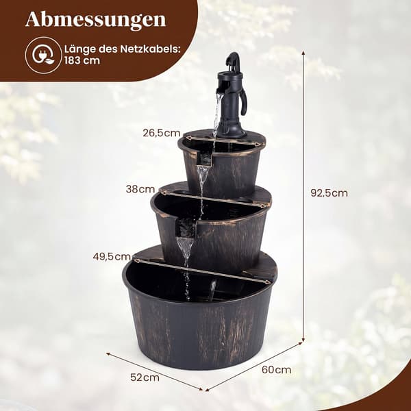3-lags havefontæne, trætøndedesign, justerbar pumpe
