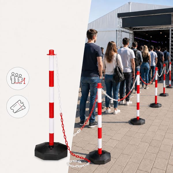Plastavspärrningsstolpar med kedja, röd/vit – 10-pack
