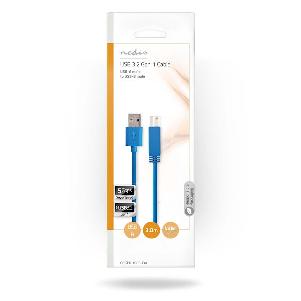 USB-kabel | USB 3.2 Gen 1 | USB-A Hane | USB-B Hane | 5 Gbps | Nickelplaterad | 3.00 m | Rund | PVC | Blå | Plastpåse