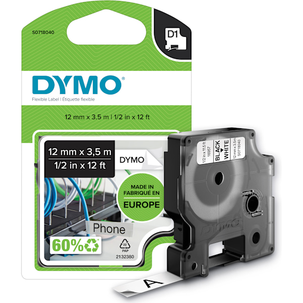 Dymo D1 - flexibel nylontejp 12 mm x 3,5 m, svart på vit bakgrund