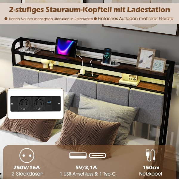 King Size sängram med LED-ljus & laddstation & vadderad sänggavel metallram sängram