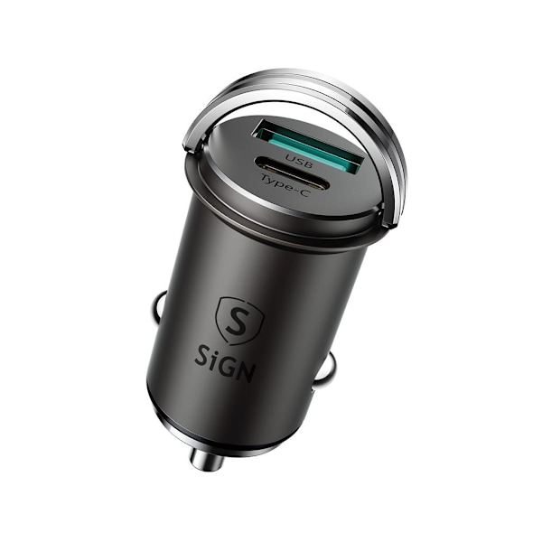 SiGN Mini Biloplader USB & USB-C, PD & Q.C3.0, 5A, 20W - Sort