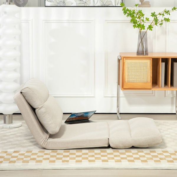 Foldbar gulvstol, med 6-trins justerbart ryglæn, tyk sædepolstring, sengefunktion, hørlook, 70 x 41 x 56 cm, brun