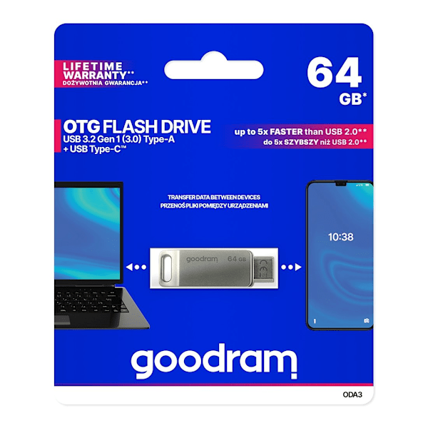 Pendrive 64 Gt kaksi USB 3.2 -liitintä + USB-C OTG ODA3 hopea