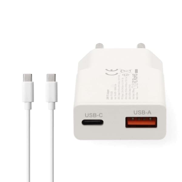 20W Dual GaN vægoplader, USB-A & USB-C, PD3.0, hvid