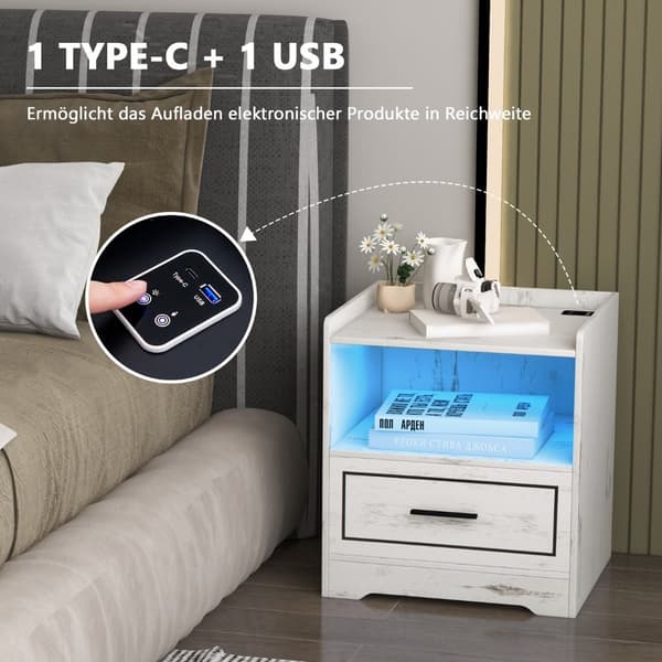 2-delt natbordssæt med LED-lys og USB-oplader