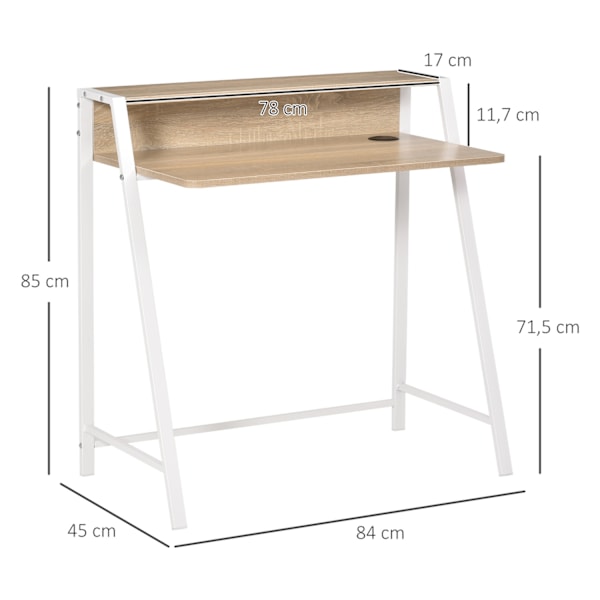 Työpöytä Moderni tietokonepöytä säilytyslokerolla ja kaapelin läpiviennillä, metallirunko, valkoinen + tammi, 84x45x85cm