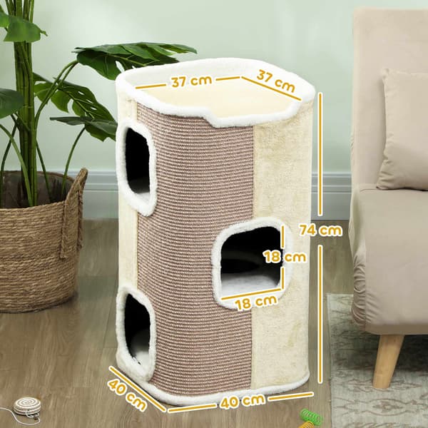 Kradsetræ til katte, 3 niveauer, blødt plys, beige