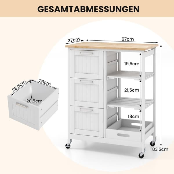 Rolling Kitchen Island Cart med 2-lagers förvaring, vit