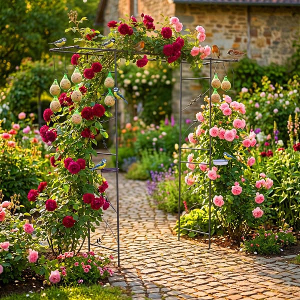 Rosenbue-espalier til haven – Fuglebad og foderstationer
