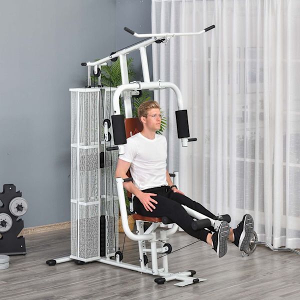 Träningsstation för hemmet, totalt 45 kg, med pressarm, benframkallare, rullkuddar, PU-syntetläder, 150 x 110 x 210 cm, vit