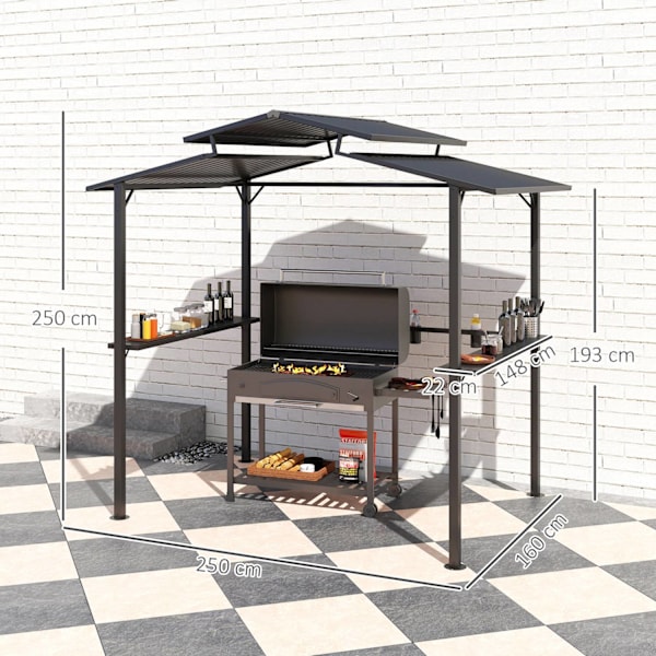 Grillpavillon 250 x 160 x 250 cm vandtæt havepavillon med dobbeltlagstag, sidehylder, lysthus med UV-beskyttelse, BBQ-pavillon, havetelt grilltelt til