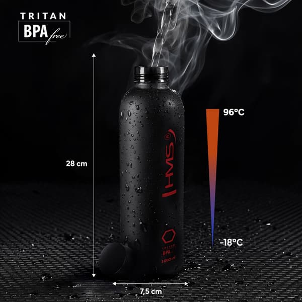 Tritan-vesipullo, musta, tiivis, 1L