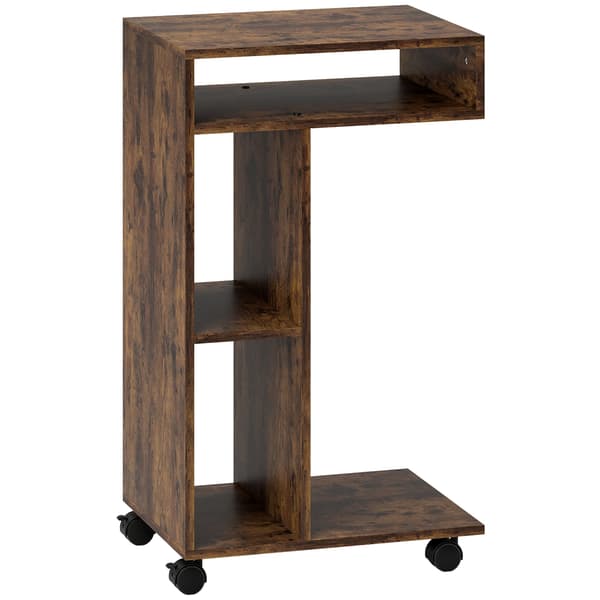 C-formet sidebord med hjul, 3 hylder, rustik brun