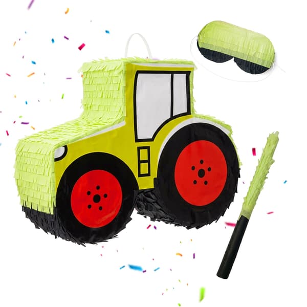 Traktorpiñataset med pinne och mask – 40 cm