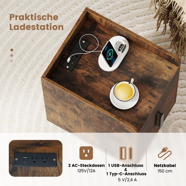 Natbord med ladestation, 2 skuffer, rustik brun
