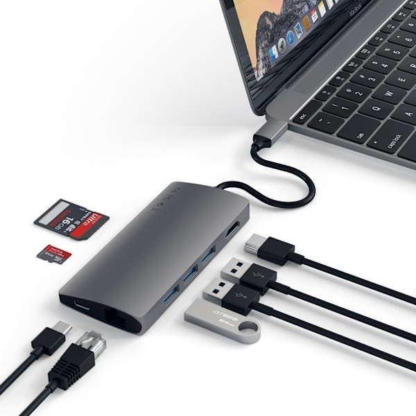 Satechi USB-C Hub, 6 porte, hukommelseskortlæsere, space grey