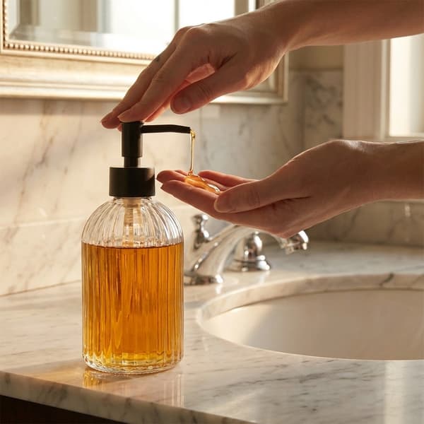 Sæbedispenser i glas, 400 ml – transparent, ribbet design