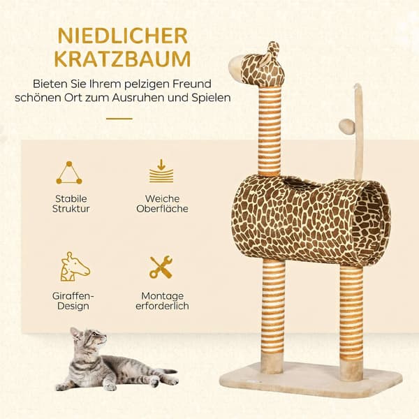 Kattorn 101 cm giraffdesign med tunnel och jutestolpar