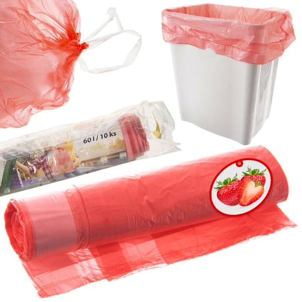 Roskapussit 60L HDPE Red Strawberry tuoksu kiristysnyörillä, 10 kpl