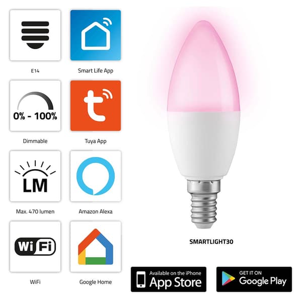 Smart Wi-Fi LED-lampe, RGB, dæmpbar, E14-fatning
